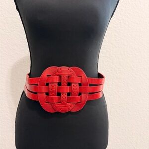 French Connection Red Leather Chinese Knot Belt | Elastic Waist Statement Belt
